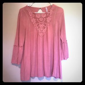 Peach 3/4 length sleeve with crocheted front